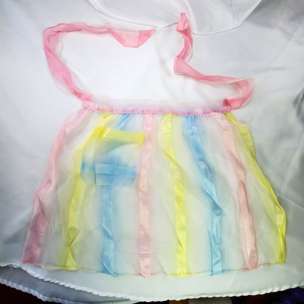 VTG Pastel Rainbow Sheer Organza Apron Pink Yellow & Blue Stripes See-through - Picture 1 of 6